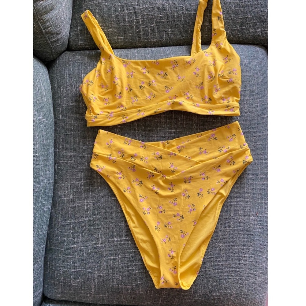 -RESERVED- Aerie Yellow Flowered Crossover Bikini Size XL
